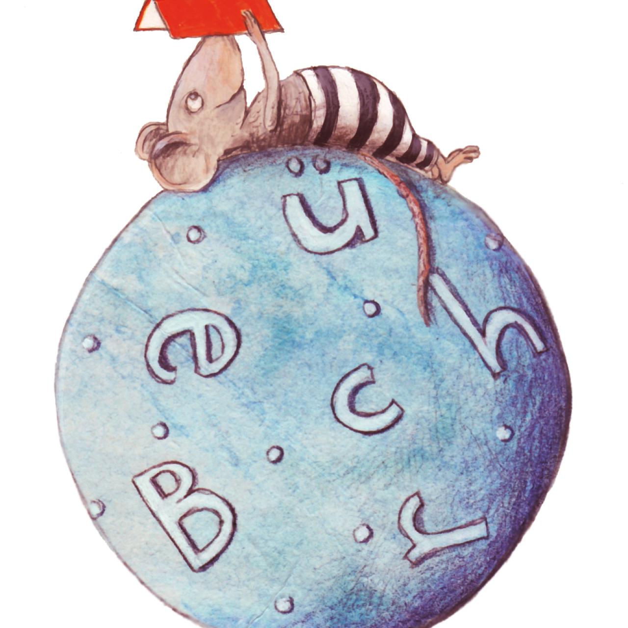 Buchstart Burgenland Logo - Maus liegt auf einer Kugel und liest ein Buch