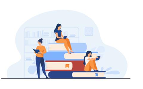 Grafik Bücherstapel und Menschen daneben und darauf sitzend. Text "Bücher sind fliegende Teppiche ins Reich der Phantasie."